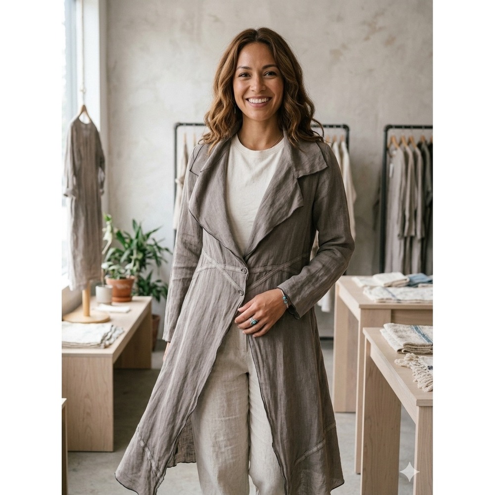 Cynthia Ashby Linen Duster Coat Womens‎ XS Taupe Grey Excellent Raw Edge Seam